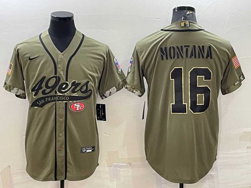 Mens San Francisco 49ers #16 Joe Montana 2022 Olive Salute to Service Cool Base Stitched Baseball Jersey